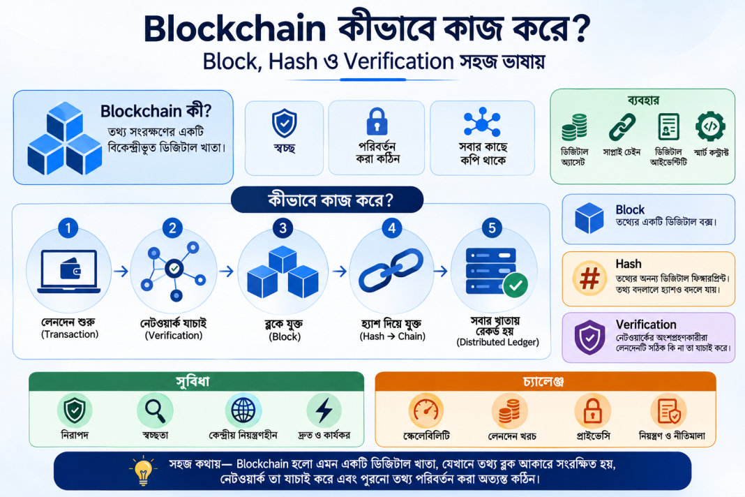Blockchain কীভাবে কাজ করে? Block, Hash ও Verification সহজ ভাষায় বুঝুন